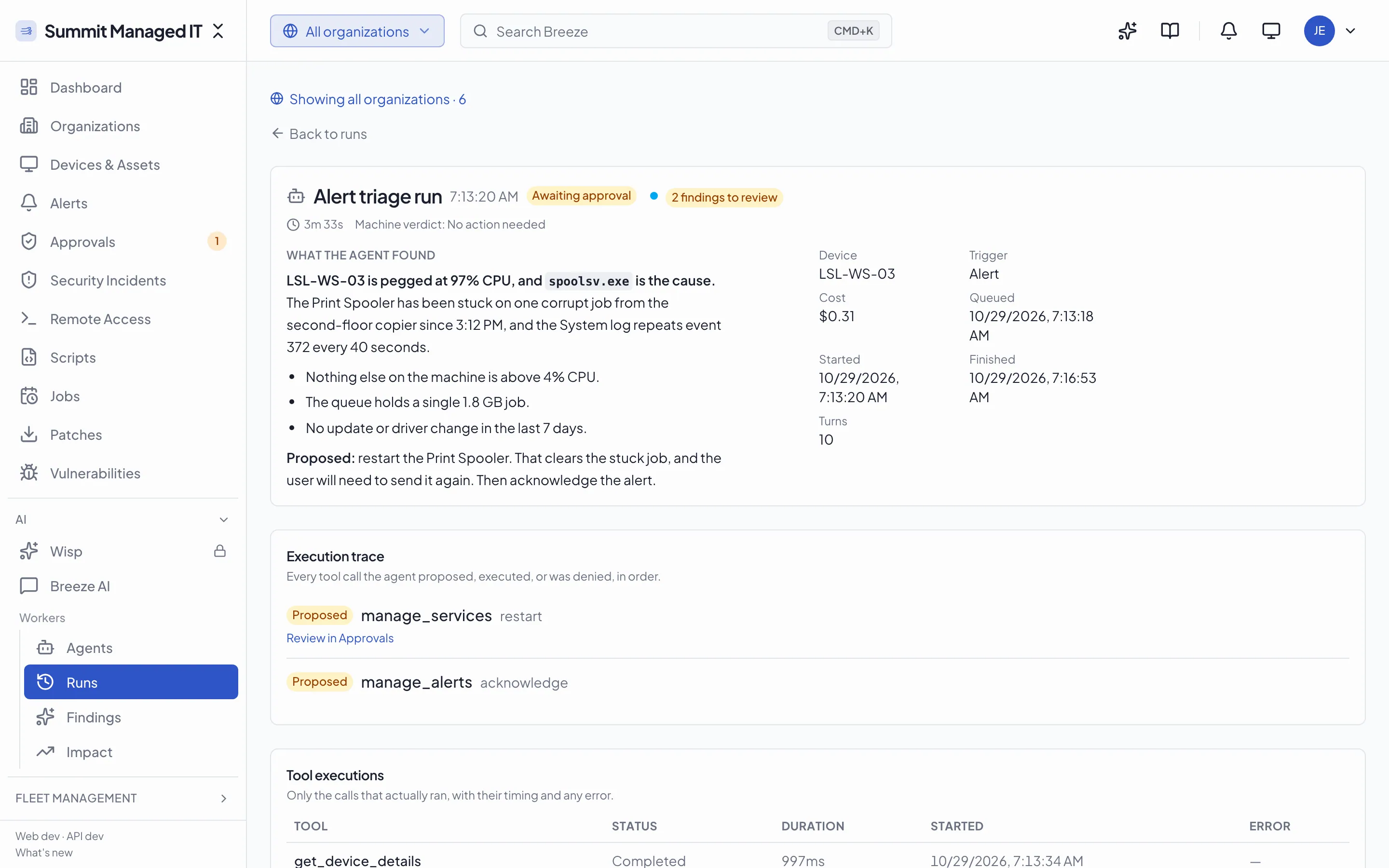 Every action it proposed and every tool it ran is on record, with timing and errors. Proposed actions link straight to Approvals.
