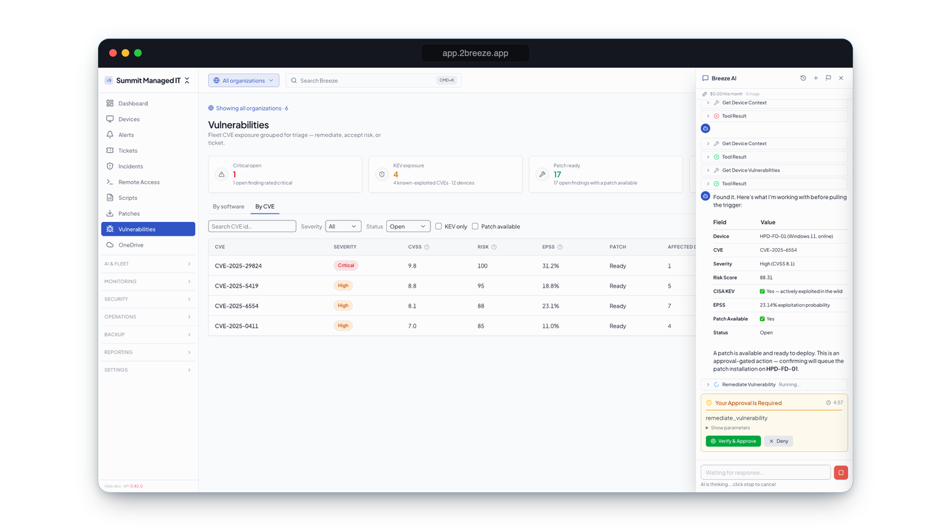 A real Breeze approval card: a Tier 3 remediate_vulnerability action queued on device HPD-FD-01, waiting on Verify & Approve or Deny before it executes