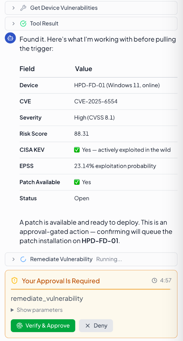The real Breeze AI panel: after checking the device and its vulnerabilities, the workers report CVE-2025-6554 on HPD-FD-01 (Windows 11, online), actively exploited with a patch available, note that patching is approval-gated, and stop at Your Approval Is Required with Verify and Approve or Deny