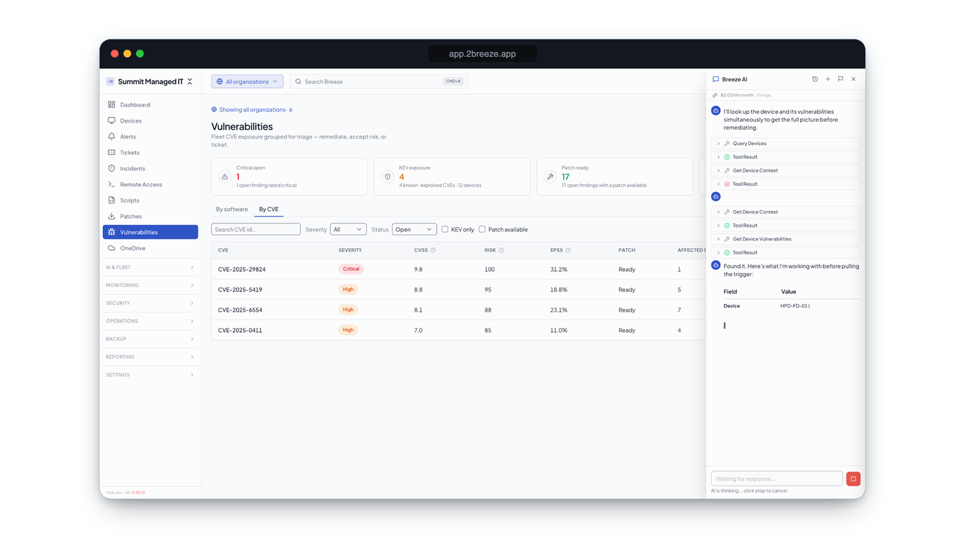 The real Breeze AI panel mid-investigation: tool calls for device context and vulnerability lookups running against a managed fleet, before the operator proposes a fix