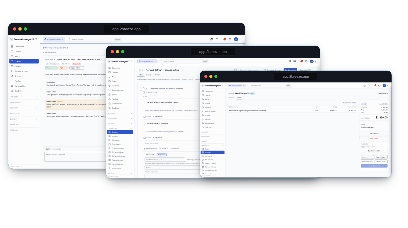 Three Breeze windows showing one job moving from ticket to quote to invoice: an open printer ticket, a network-refresh quote for Vega Logistics, and issued invoice INV-2026-0001 for $1,850