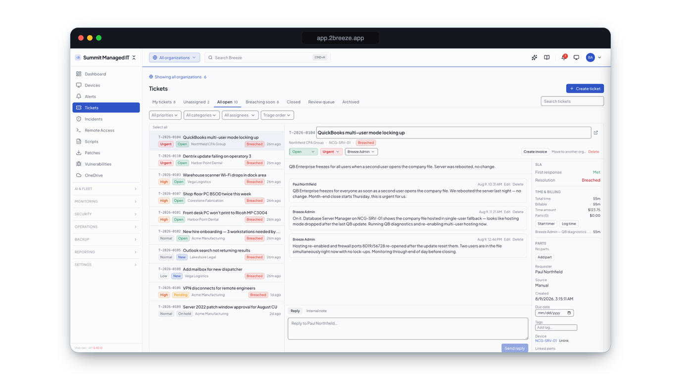 Breeze ticket queue with 10 open tickets across client organizations, SLA badges on each row, and a QuickBooks multi-user lockup ticket open with 55 minutes of time and billing tracked on it