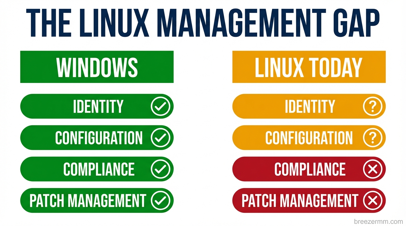 The gap between Windows enterprise management tooling and what exists for Linux today