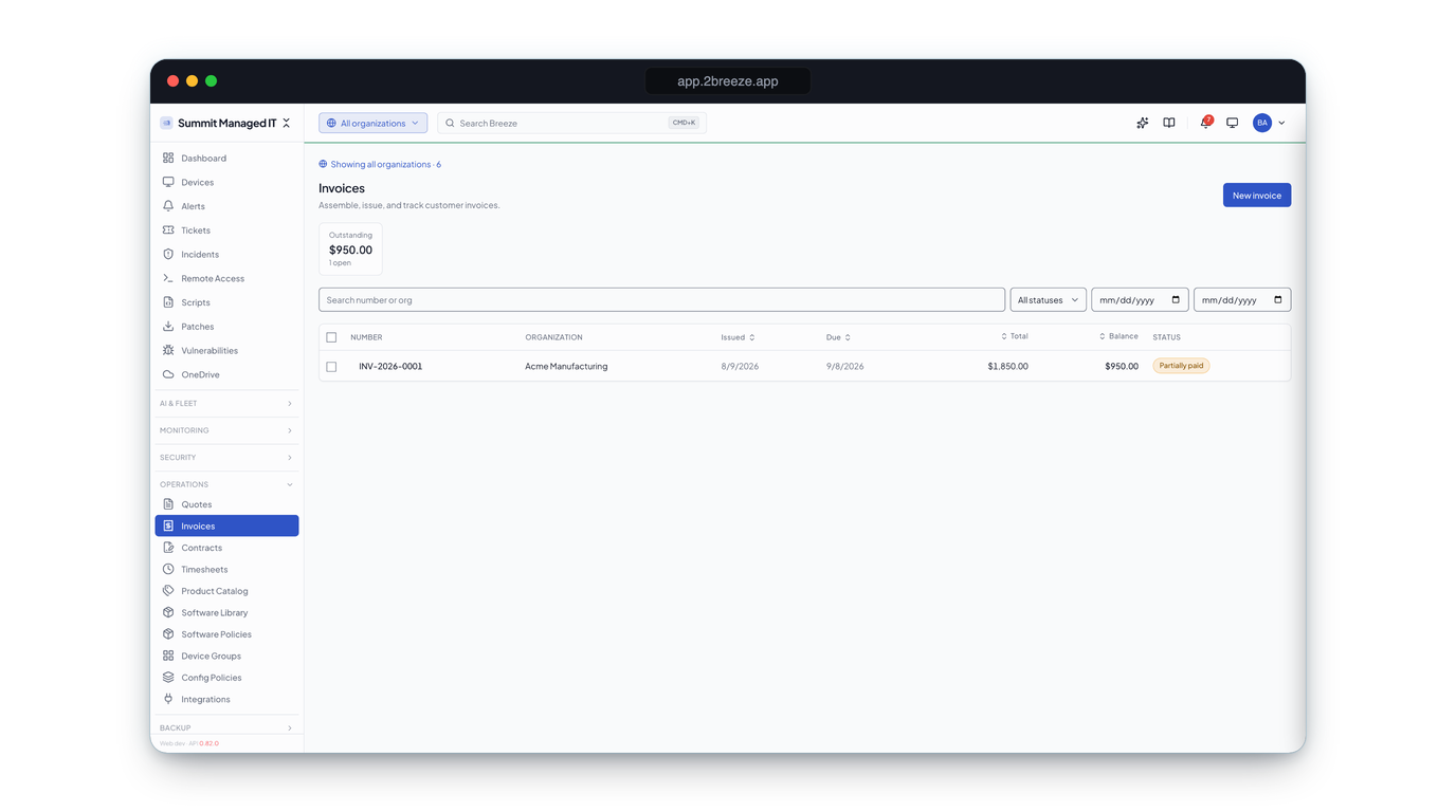 Real Breeze invoice list, including a partially-paid invoice with an outstanding balance