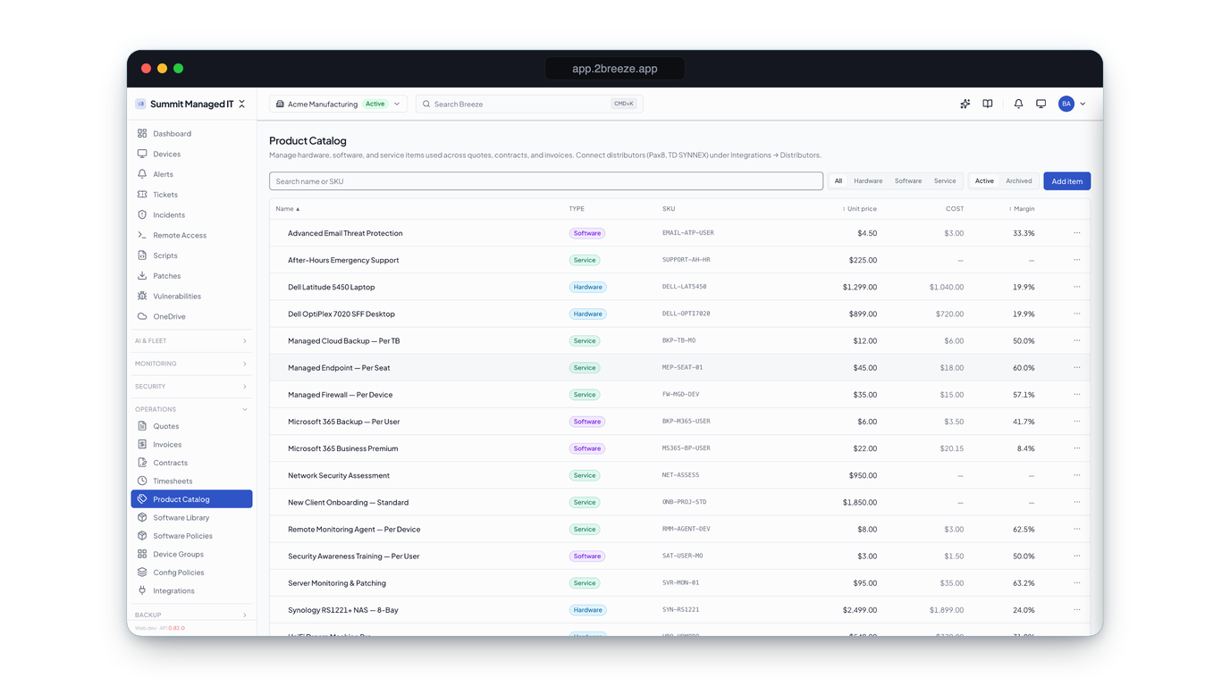 Product catalog table showing MSP items (managed endpoints, M365 licenses, hardware, and onboarding projects) with unit price, cost, and margin columns