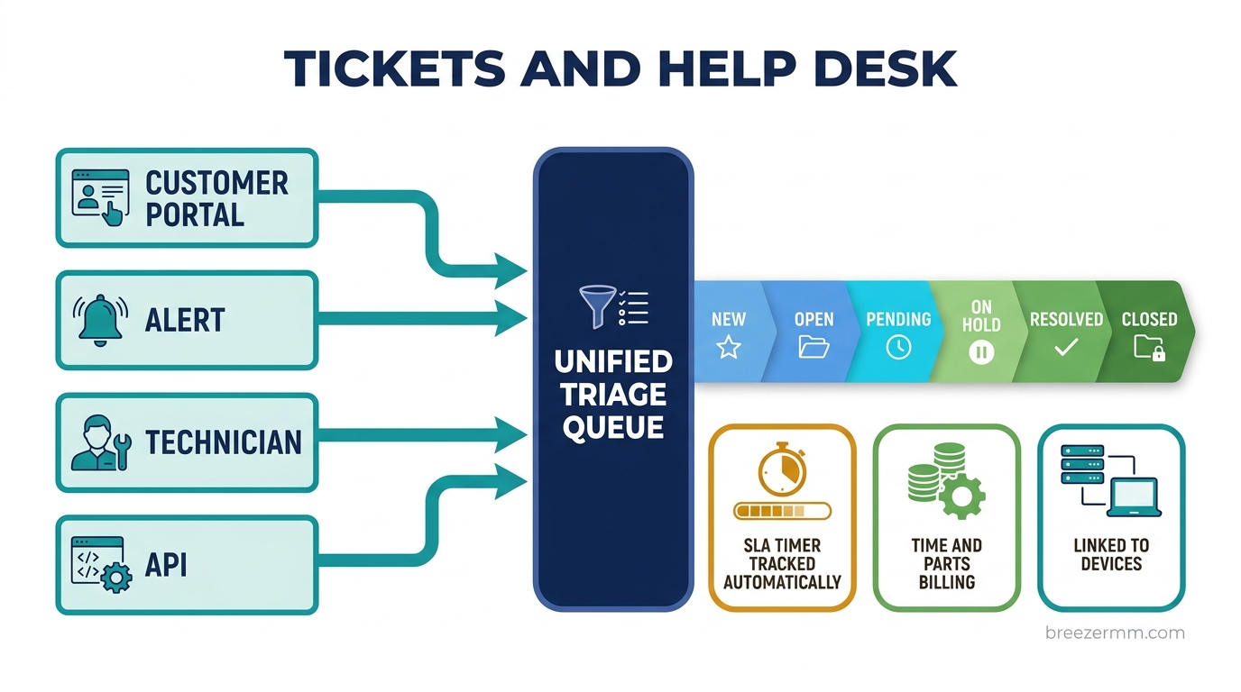 Ticketing queue workbench with SLA chips, time tracking, and linked alerts
